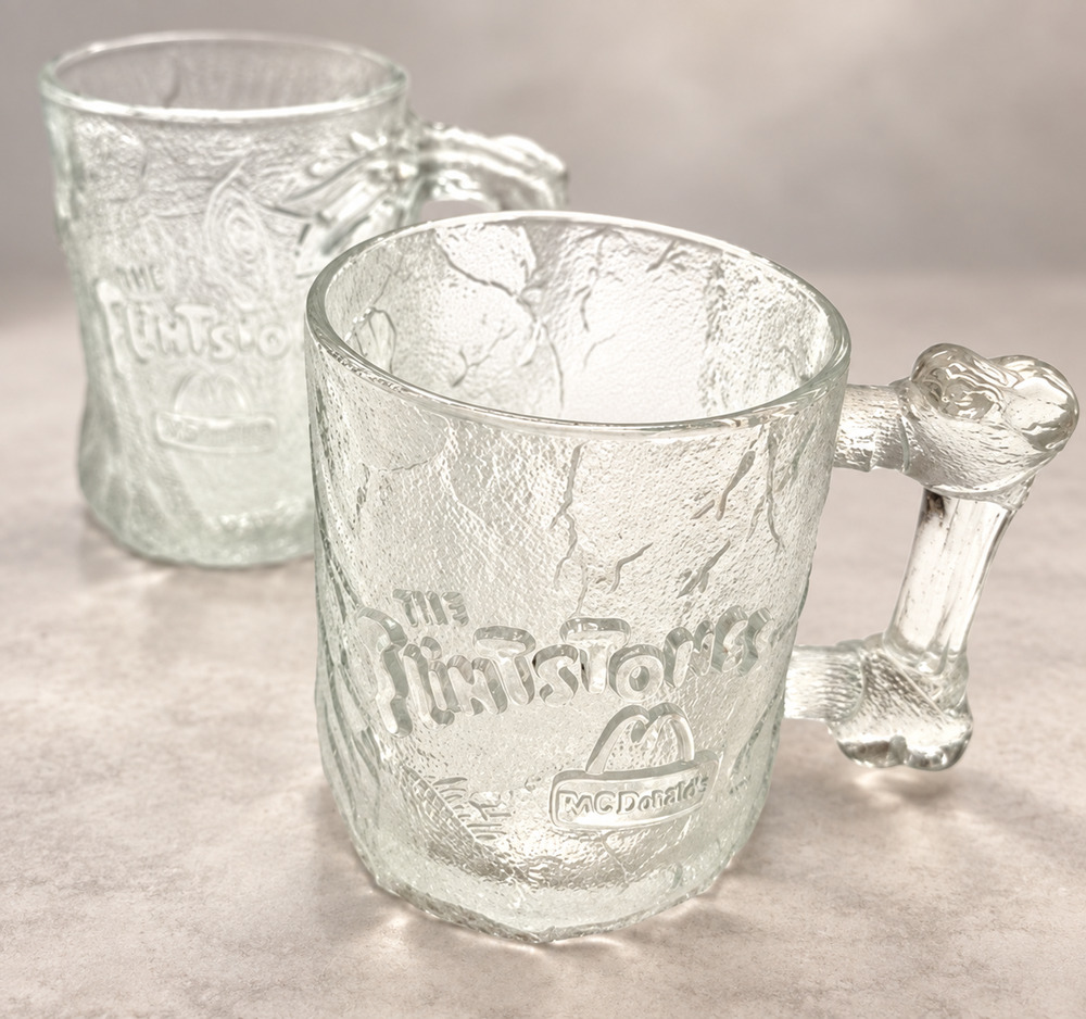 1993 McDonalds Flintstones Glass Mugs Set of 2 Pre-Dawn Treemendous RocDonalds